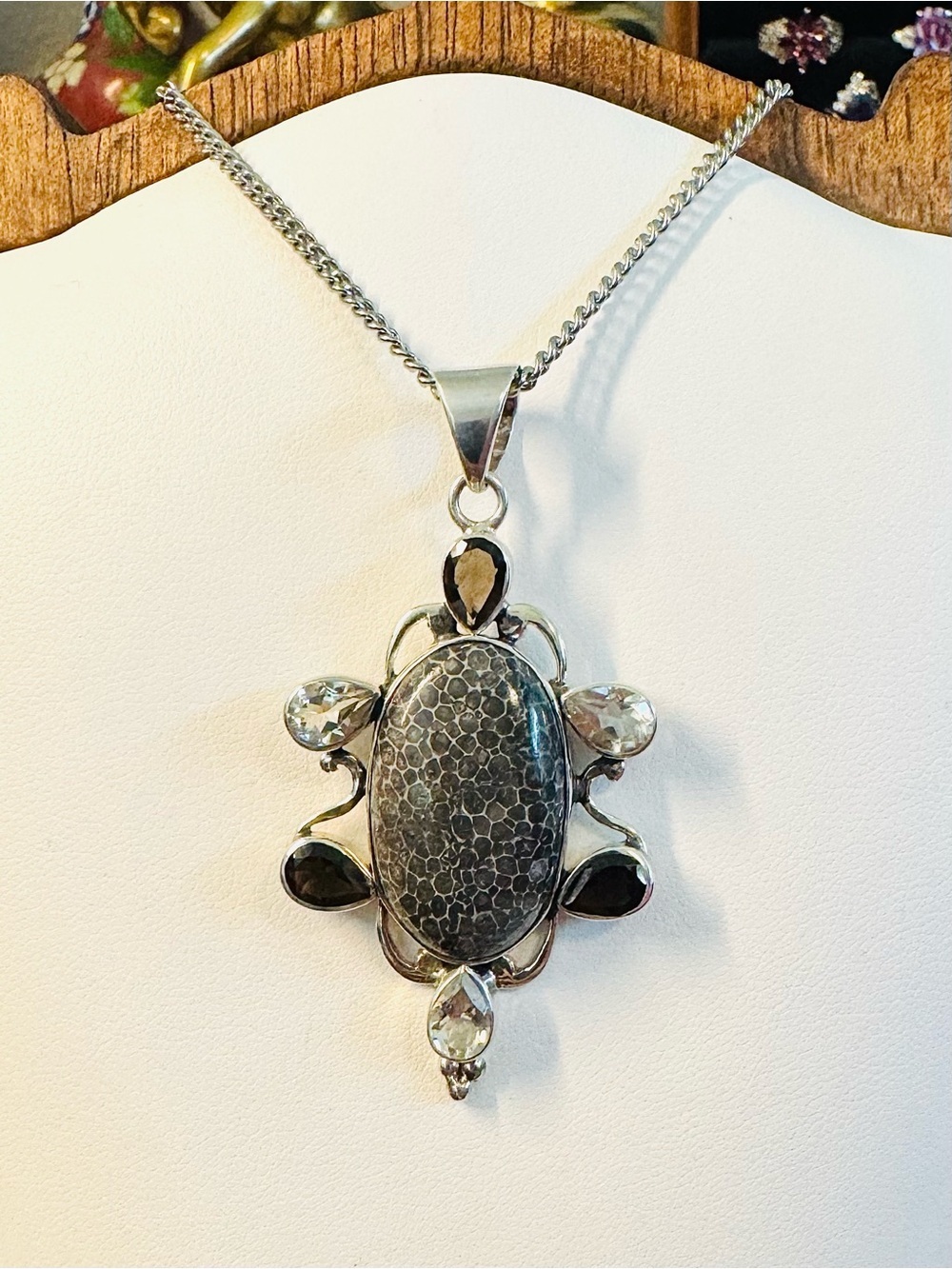 Arya Sterling Silver Stingray Fossil Coral & Quartz Pendant